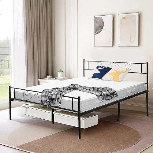 Recaceik Queen Bed Frame Metal Platform Bed Frame Queen Size with Headboard and Footboard, Mattress Foundation, Queen Size Bed Frame No Box Spring Needed, Under Bed Storage, Non-Slip Without Noise
