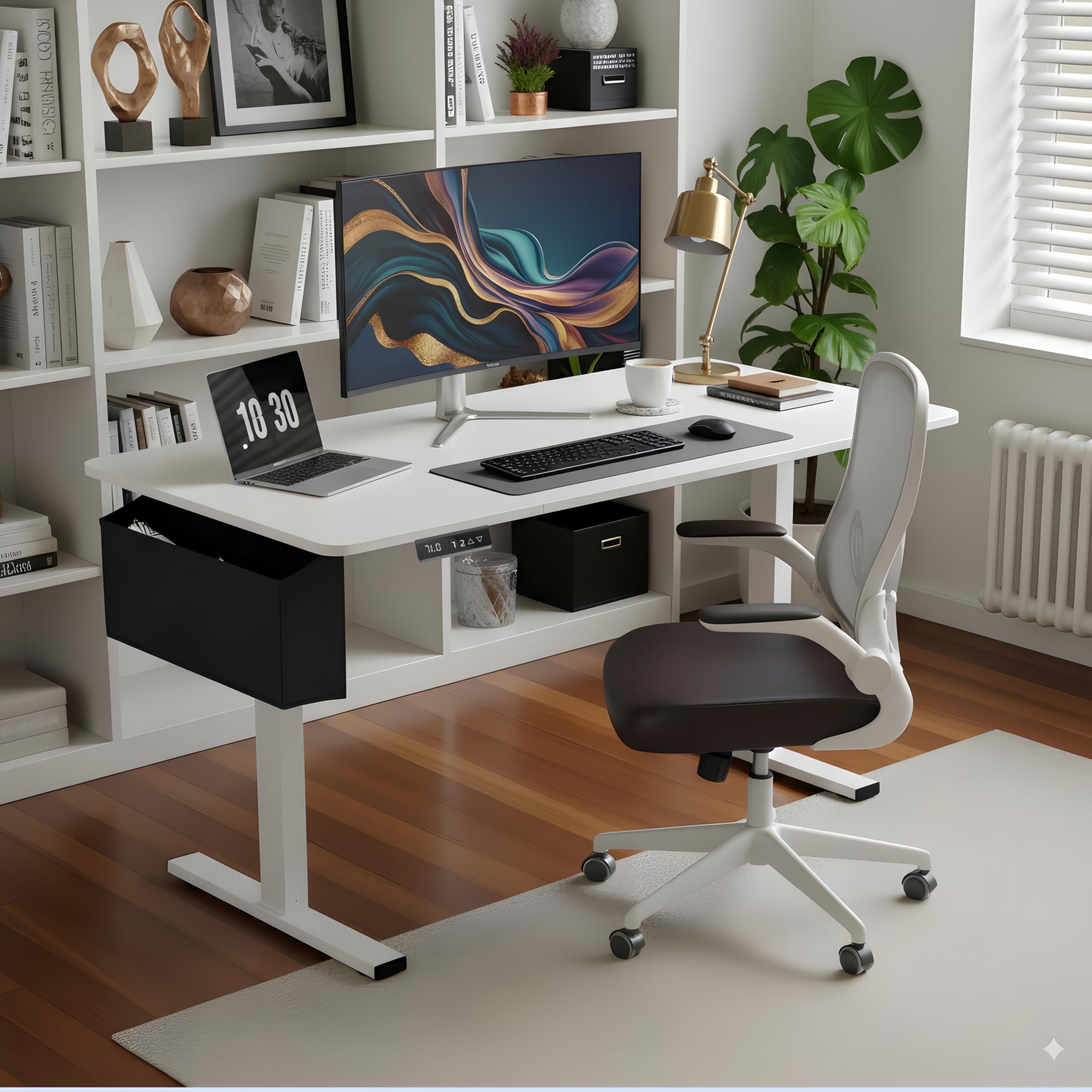 Höhenverstellbarer Schreibtisch 160x75cm,Elektrisch Gaming Tisch mit Lichtleiste,USB,Tasche und Haken,2 Memory Funktion,Ergonomischer Elektrischer Stehschreibtisch für Homeoffice lernbüro,Weiß