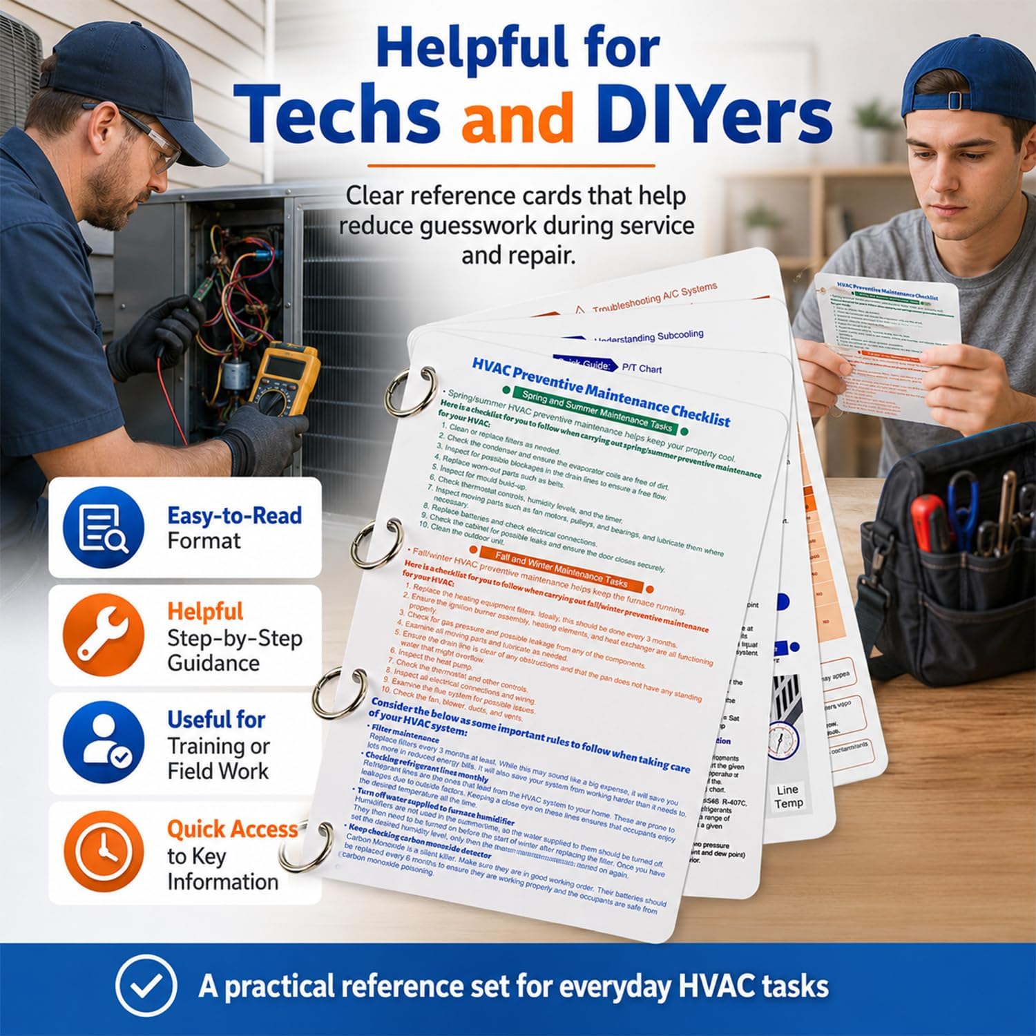 HVAC Quick Reference Cards for Refrigerant Charging & Troubleshooting, Air Conditioner & Heat Pump Technician Guide, Double-Sided Laminated Tool Cards with Ring, 4 PCS, 9" x 6"