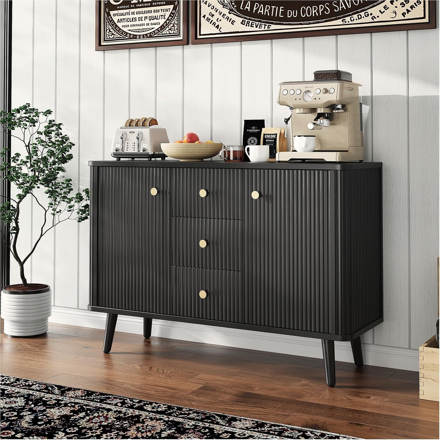 Jojoka Sideboard Buffet Cabinet with Storage, 47.2" Fluted Accent Cabinet, 3 Drawers & 2 Doors, Modern Credenza with Adjustable Shelves, Black for Entryway, Kitchen, Living Room