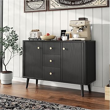 Jojoka Sideboard Buffet Cabinet with Storage, 47.2" Fluted Accent Cabinet, 3 Drawers & 2 Doors, Modern Credenza with Adjustable Shelves, Black for Entryway, Kitchen, Living Room