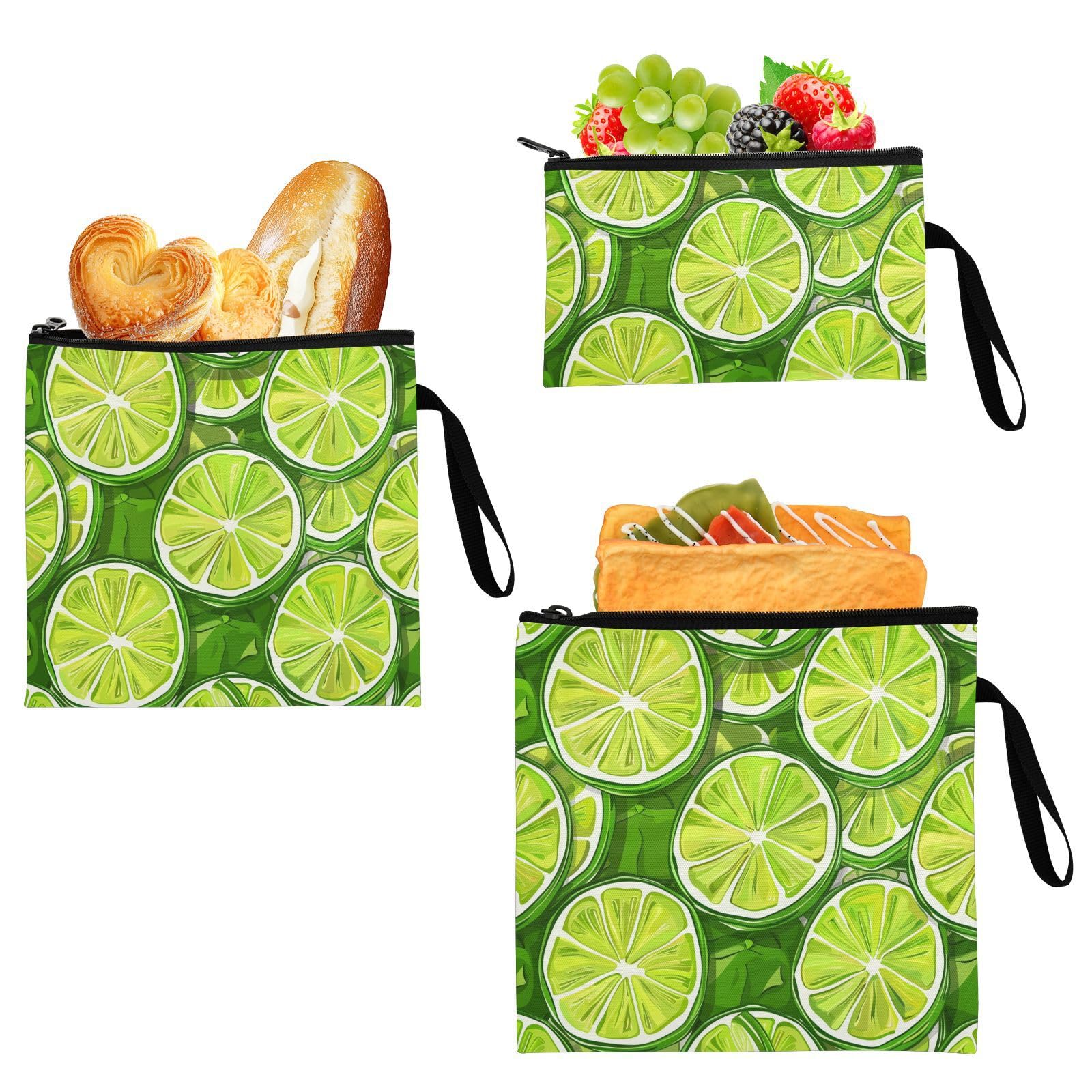 Yoogain Green Lime Slices 3 Piecing Reusable Sandwich Bags Portable Emergency Snacks Makeup Bag for Travel Items, Home Organization