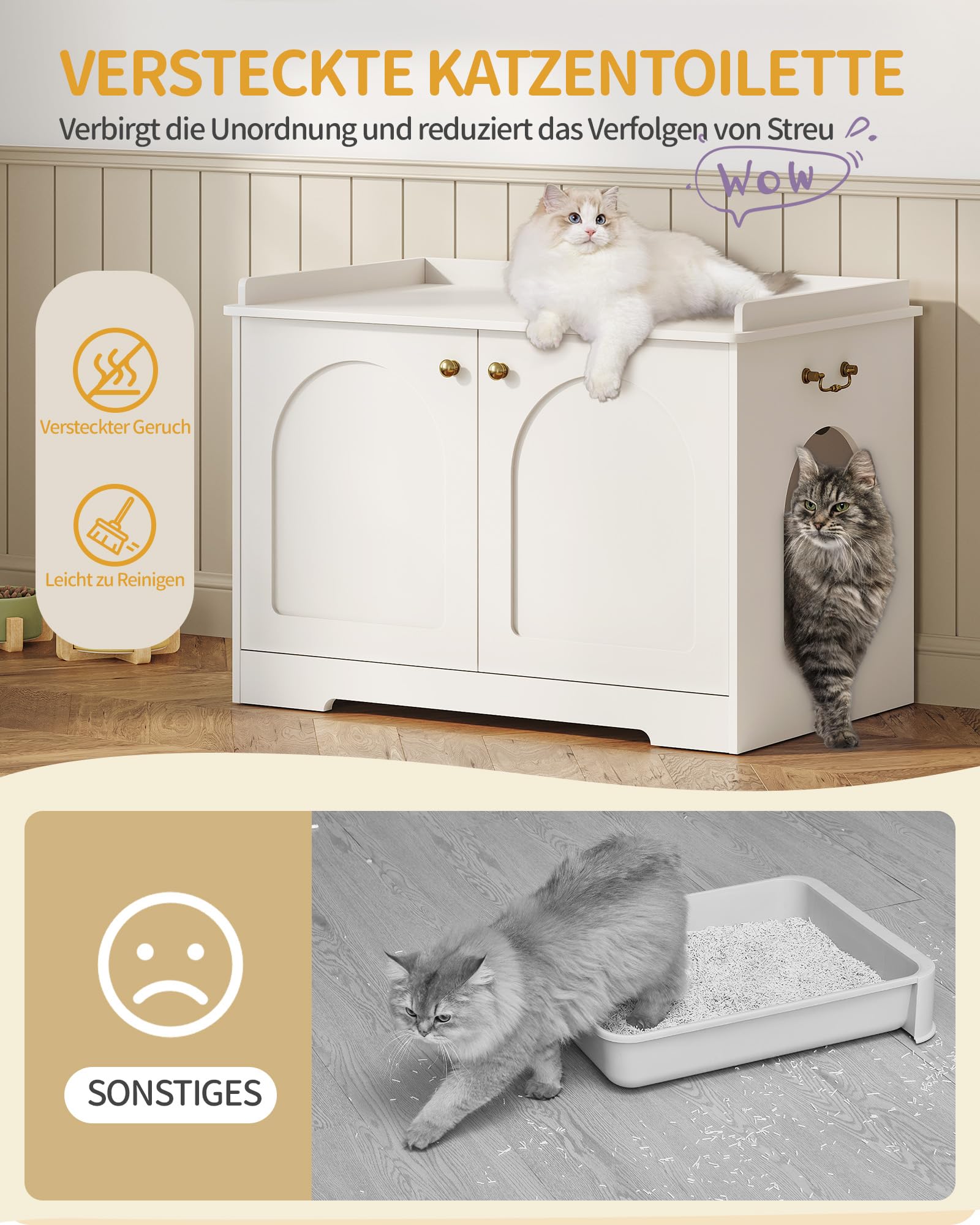 Hzuaneri Katzenschrank mit Griffen, Katzentoilette, Katzenklo Schrank, Katzenhaus mit Tür, Hölzerner Beistelltisch für das Haustierhaus, 50 x 80 x 57cm, Stabile Katzenschrank, Weiß CB05703X