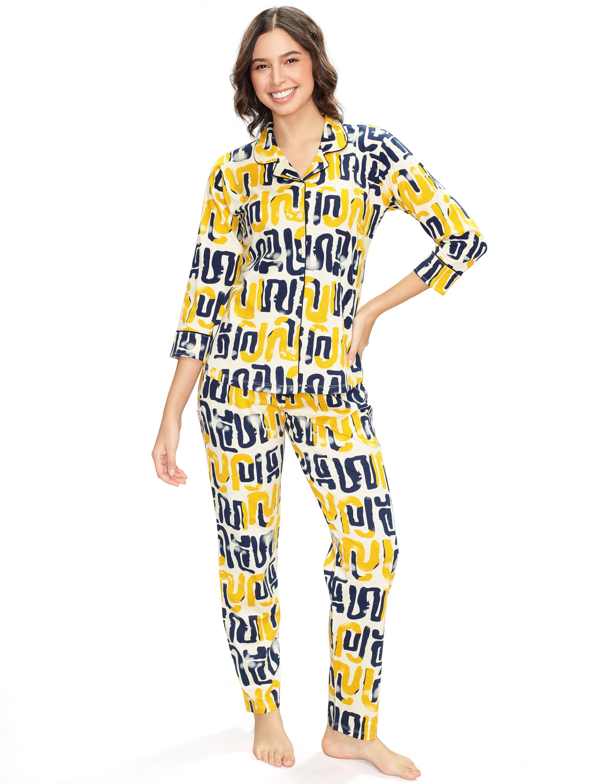 lotik Women's Cotton Geomatric Print Shirt & Payjama Full Sleeve Nightsuit Set-picture-23