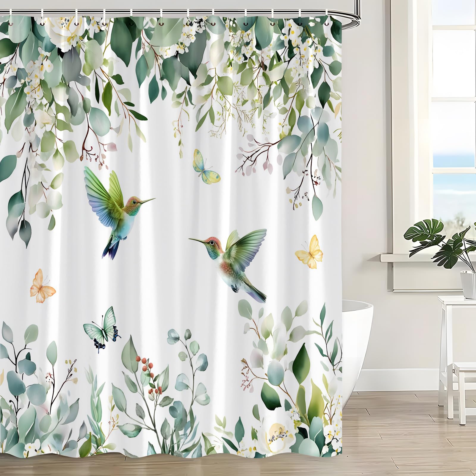 CWHCWA Spring Hummingbird Leaves Shower Curtain Sage Green Eucalyptus Watercolor Floral Bird Botanical Plant Butterfly Modern Aesthetic Bath Decor