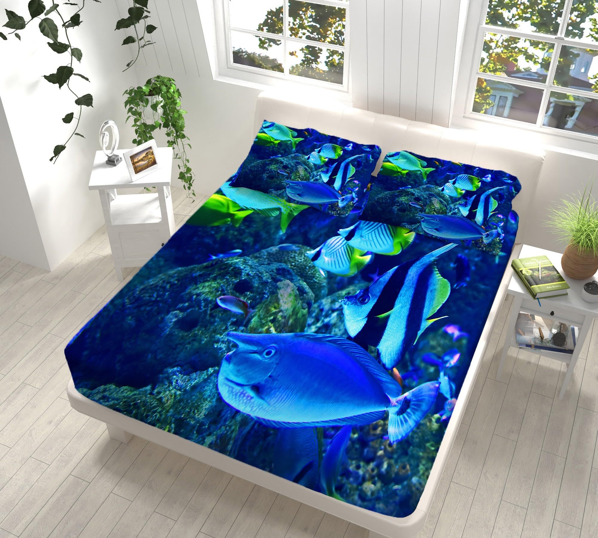 Amazon｜WJYMJJ 寝具セット ダブル160×200cm 青い魚 ボックスシーツ 3D