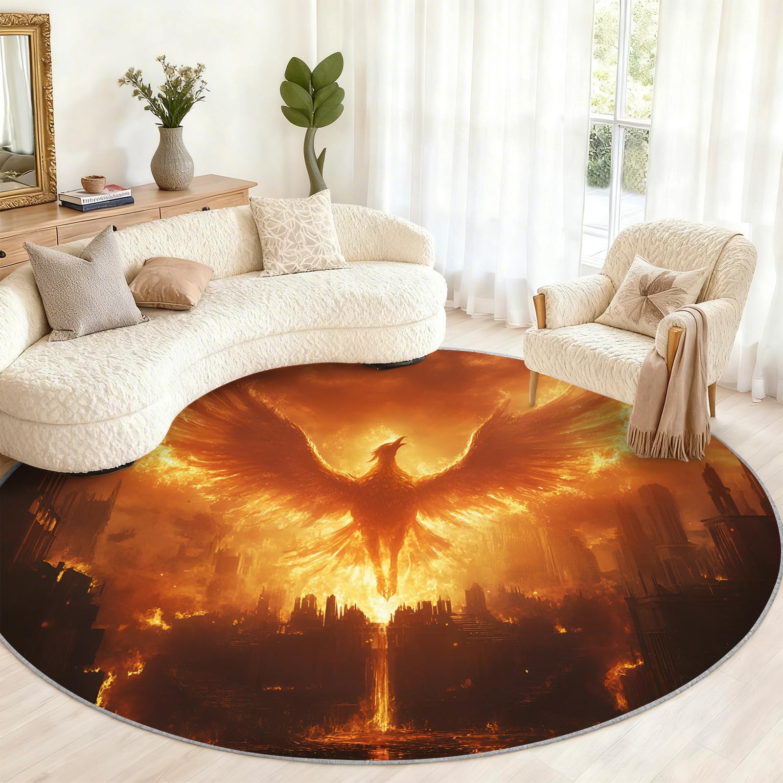 Grand tapis rond lavable de 200 cm avec motif Phoenix pour salon et chambre