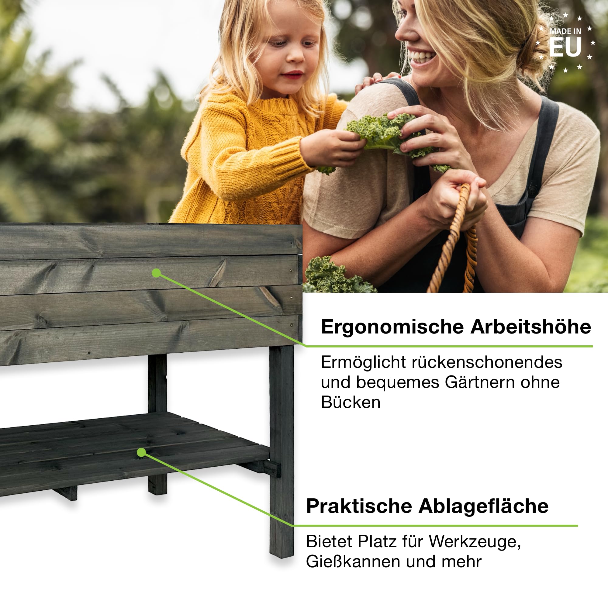 gartenetage Hochbeet XXL mit Ablage und Pflanzfolie - Nachhaltiges Design, Wetterfest, Rückenschonend, Praktische Ablage, Inklusive Pflanzfolie, Anthrazit
