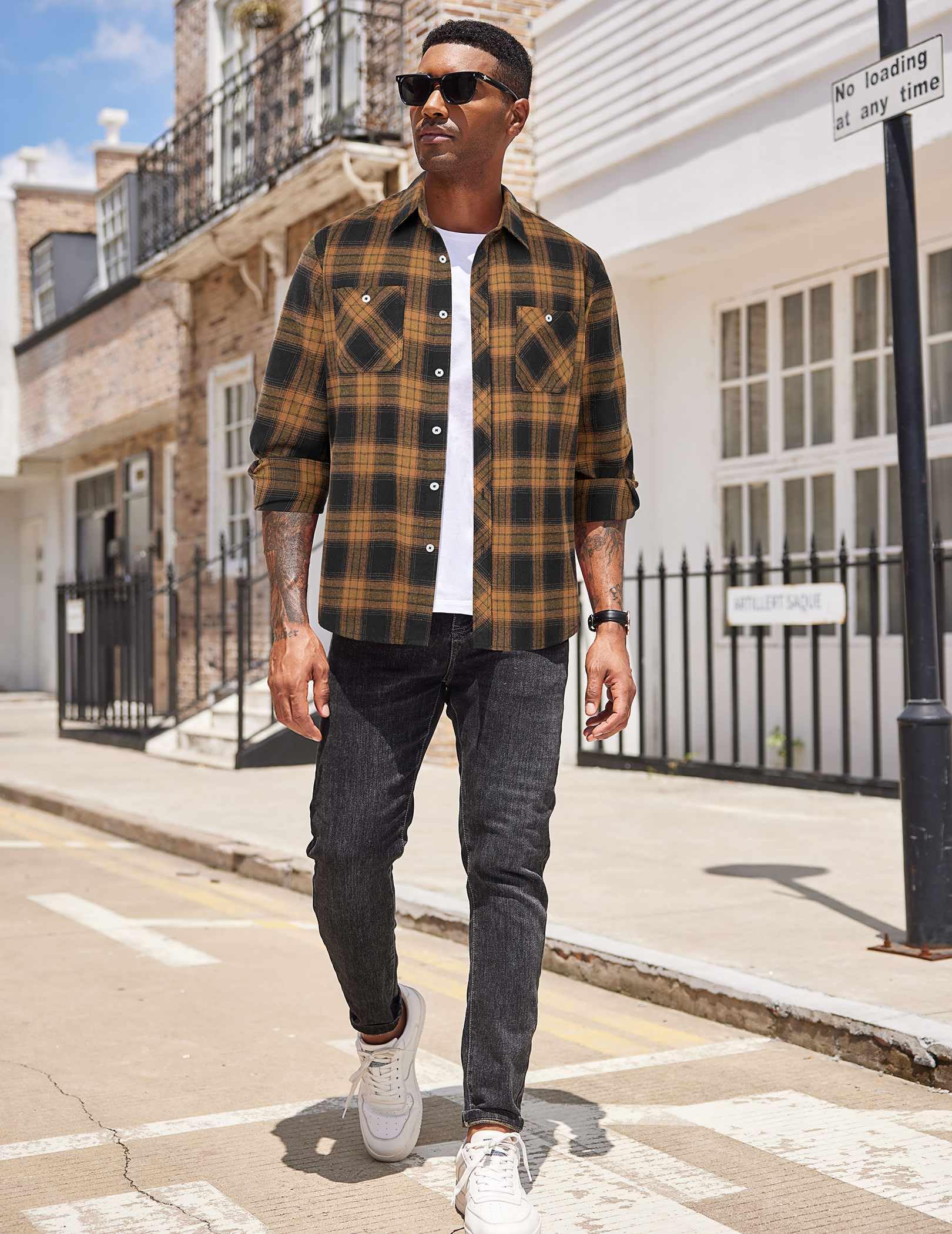 COOFANDY Camicia da uomo in flanella a quadri a maniche lunghe casual con bottoni e tasche