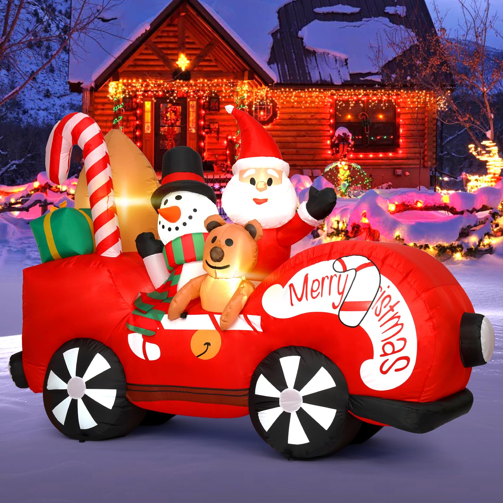 Décoration de Noël gonflable d'extérieur de 2,1 m, Père Noël gonflable avec bonhomme de neige et ours, décorations de cour gonflables avec LED intégrée pour décoration de vacances, pelouse, cour