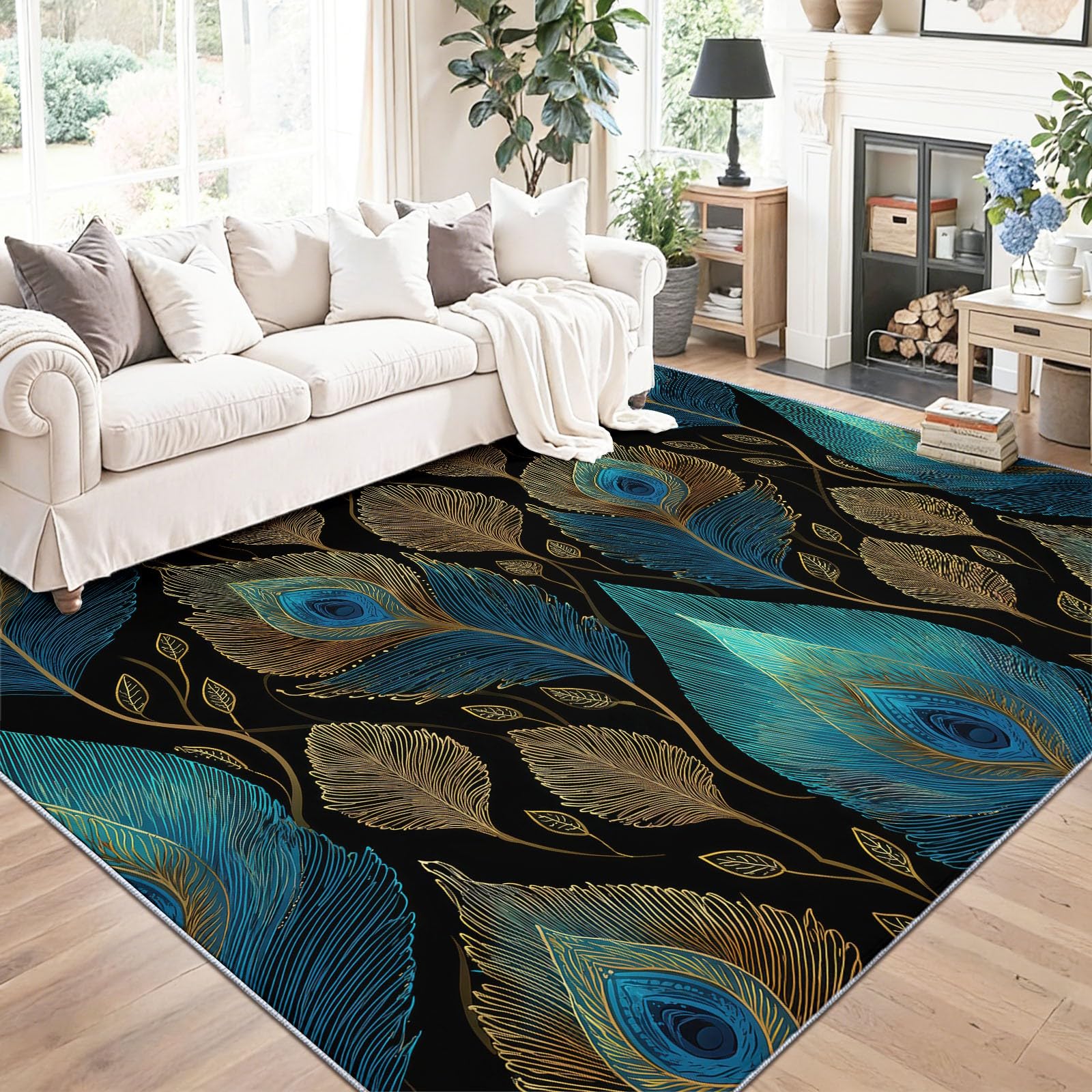 Można prać w pralce dywan do salonu, 120 x 170 cm, dywaniki ze zwierzętami, antypoślizgowy dywan, niebieskie pióra, gałęzie i liście, niskie runo, nie gubi włosia, nadruk, do jadalni, domu, biura