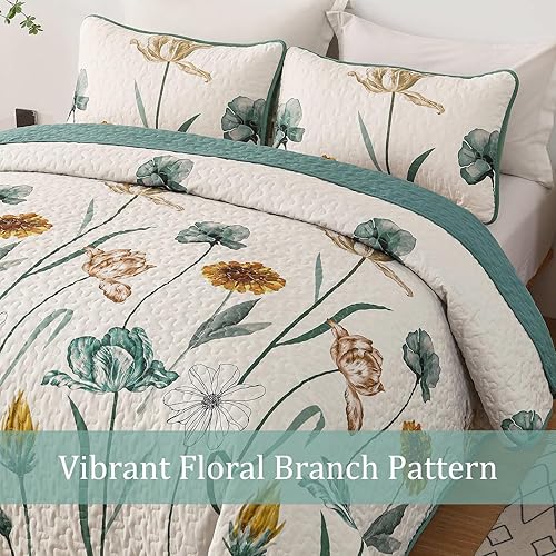 Miniatura 3 de WONGS BEDDING Juego de edredón floral Full, juego de ropa de cama botánico floral verde amarillo con 2 fundas de almohada, juego de colcha ligera de