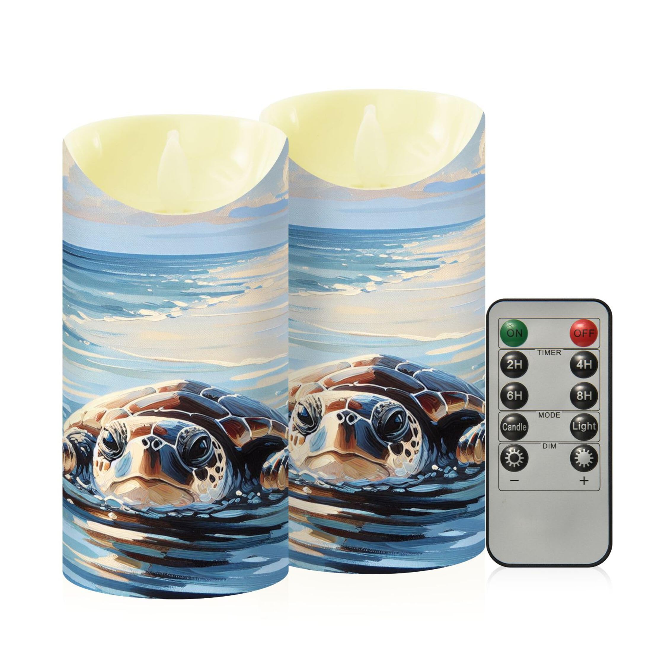 Kutsu Sea Turtle Flameless Candles Set of 2, Battery Operated LED Flickering Candles with Remote and Timer, Plastic Pillar Candles for Home Wedding Decor