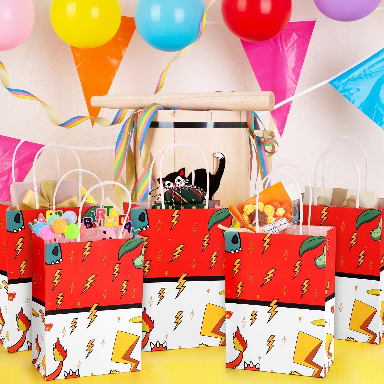 Joottuan 24 Pcs Cartoon Paper Bags Animation Party Gift Bags Red Kraft Treat Bag with Handle Birthday Party Supplies Paper Goodie Bag for Birthday Theme Supplies Baby Shower Decorations