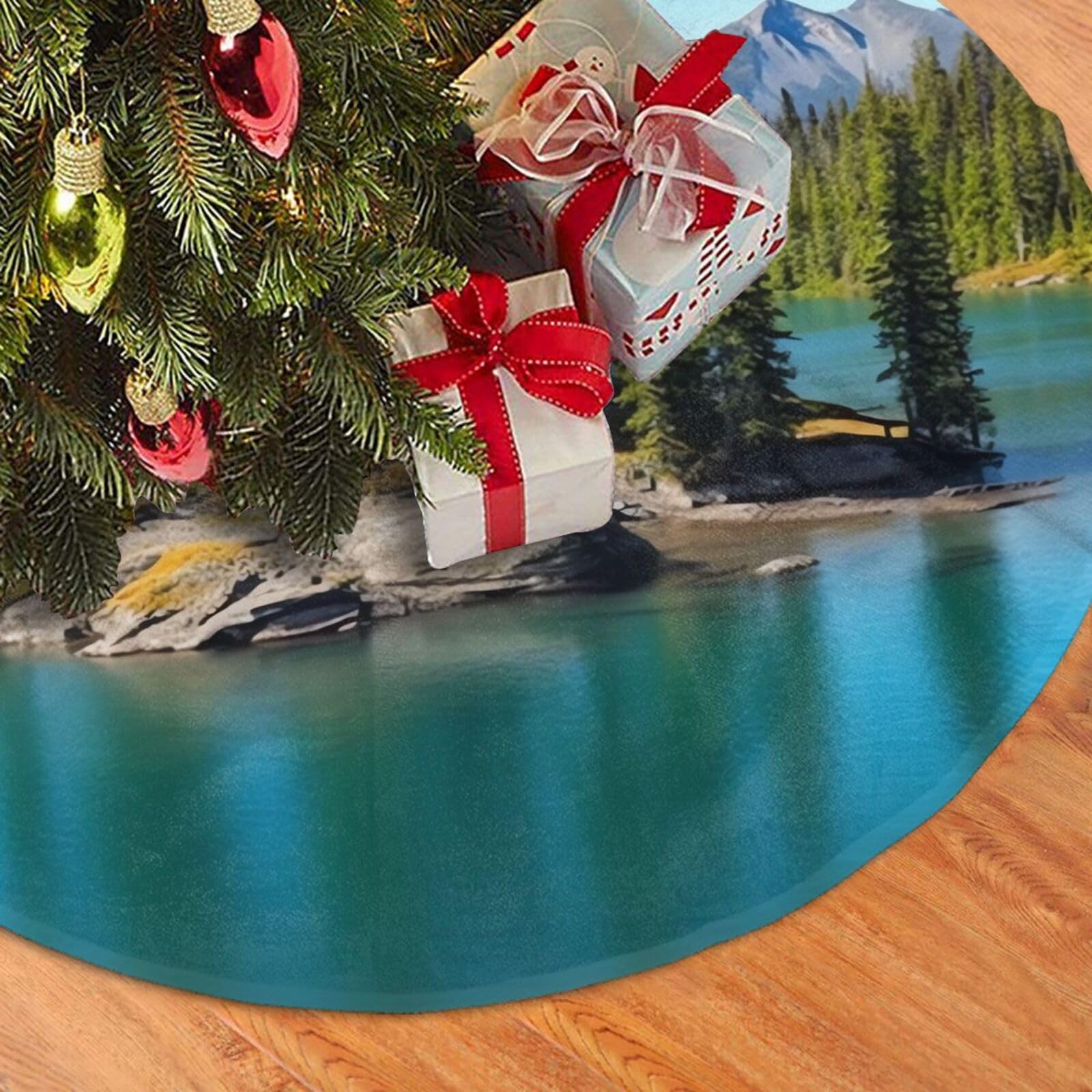 Fodpand Black Spirit Island In Lake Christmas Tree Skirt 30" Velvet Xmas Tree Skirt Mat Rustic Christmas Tree Mat Cover Winter Xmas Tree Collar For Indoor Outdoor Christmas Decorations