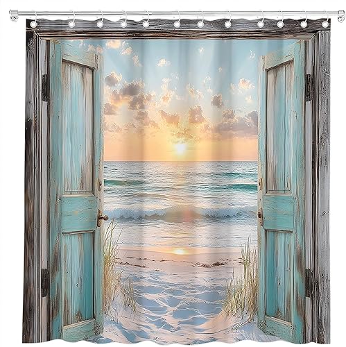 Cortina de ducha para puerta de granero verde azulado con diseño de océano, puesta de sol, paisaje, olas de mar, mar, costero, retro, madera,