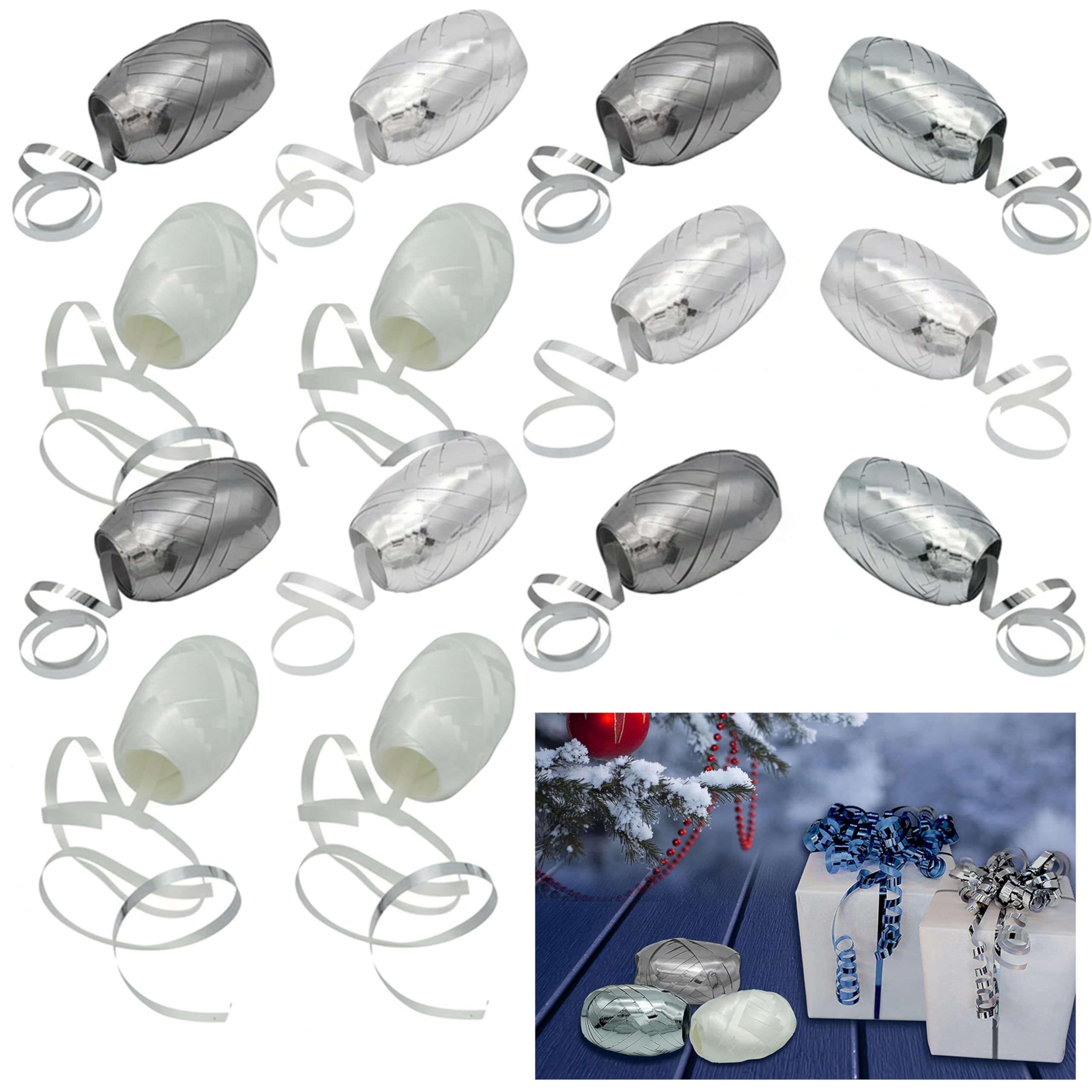 12PCs Curling Ribbons 5mm x 10m - Metallic Assorted Colours White, Silver and Grey Ribbons for Gift Wrapping, Balloon Ribbon Ties and Balloon Strings Party Decorations