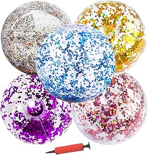 SHJOEE 5 Piezas Pelotas De Playa Hinchable 60cm Color Pelotas De Agua Inflable Gigante con Lentejuelas para Adultos Niños Familia Lentejuelas Bola Hinchable Juguetes de Playa Verano Piscina y Fiesta