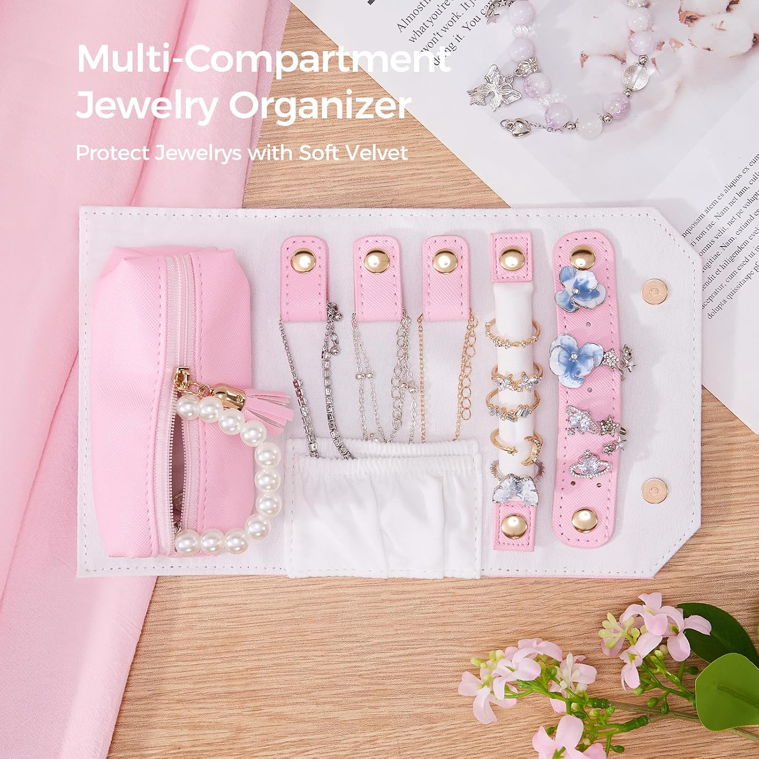 Small Travel Jewelry Organizer Roll,PU Leather Pouch,Multi-compartment,Tangle-Free for Necklaces, Compact Holder for Mini Jewelry. Easy to Use on The Go. Gift for Girls.(Pink)