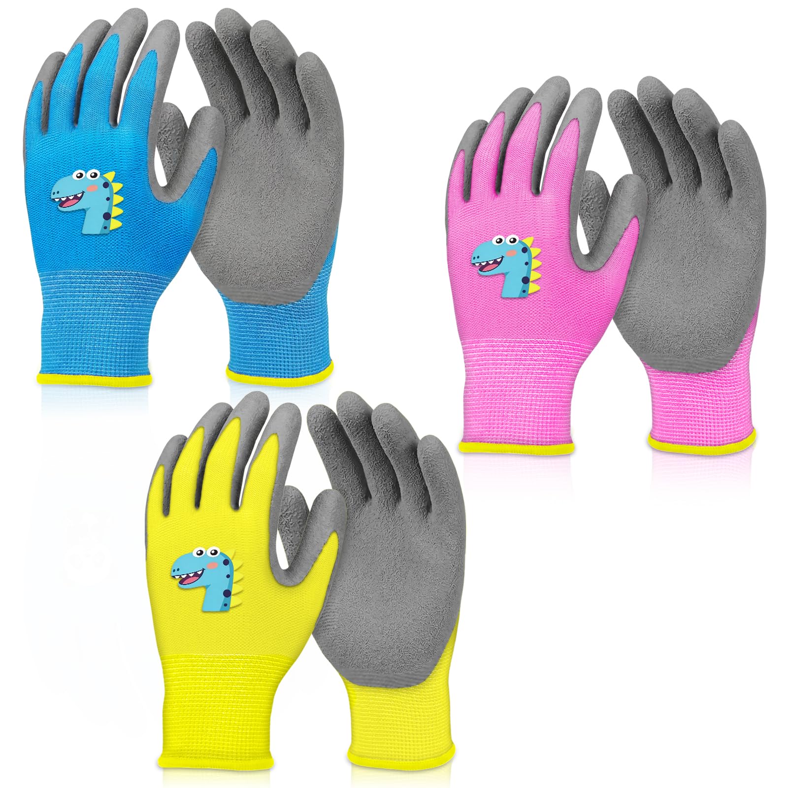 flintronic 3 Pairs of Gardening Gloves, Kids Safety Work Gloves, Non-Slip, Kids Rubber Gloves, Kid Work Glove for Toddlers Youth Girls Boys, Comfortable Breathable for Camping Yard Cleaning (Age 6-9)