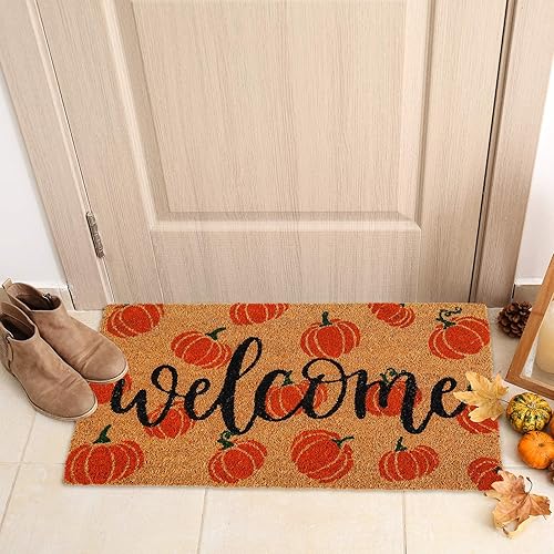 Miniatura 5 de AnyDesign Tapete de fibra de coco de otoño con diseño de calabazas de bienvenida, antideslizante, tapete decorativo de otoño para puerta de entrada
