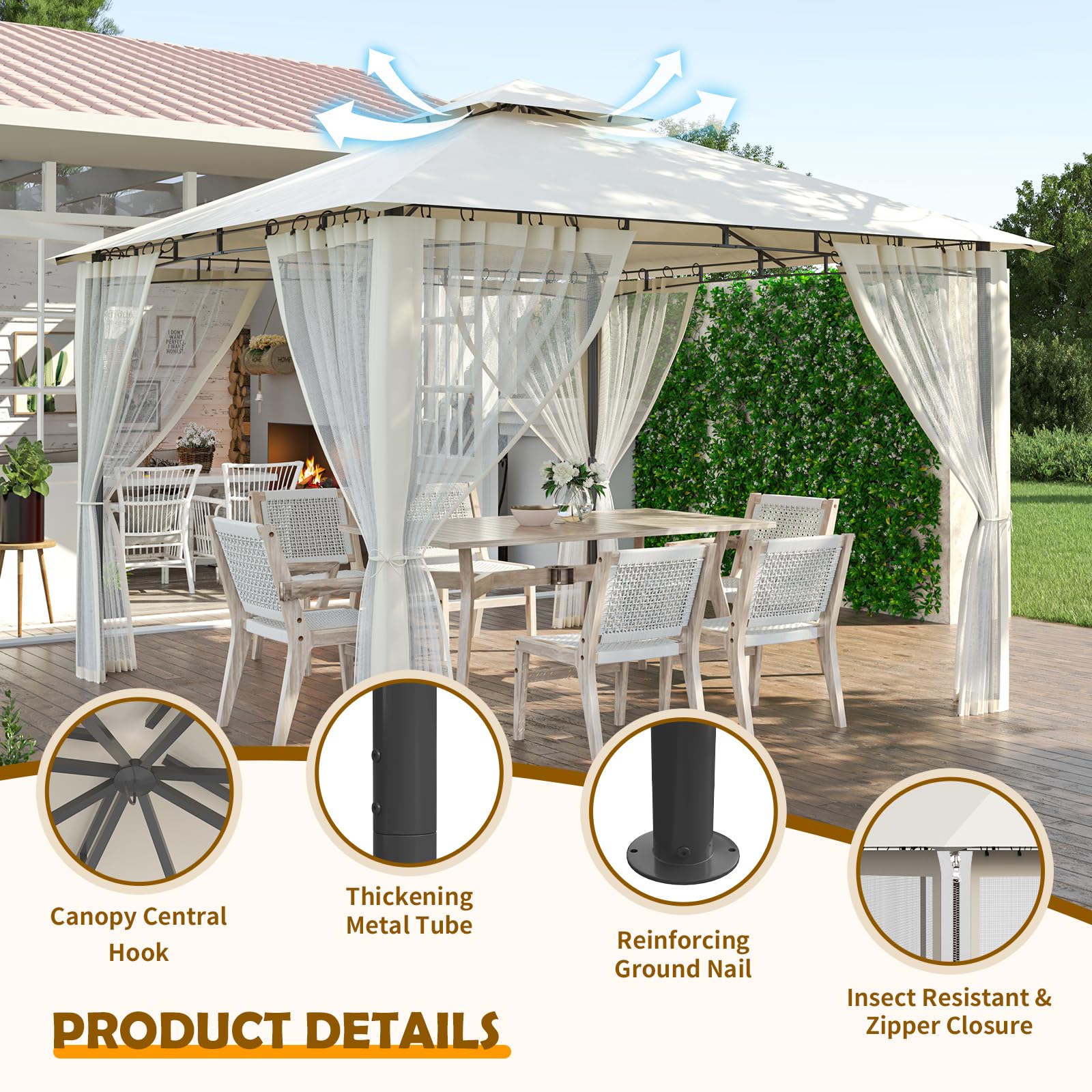 Amopatio Cenador de Jardín, 2.75x2.75m, Doble Techo Impermeable con Mosquitera Incluida - Pergola Exterior de Metal para Fiestas, cenador de Metal para Piscina,Beige