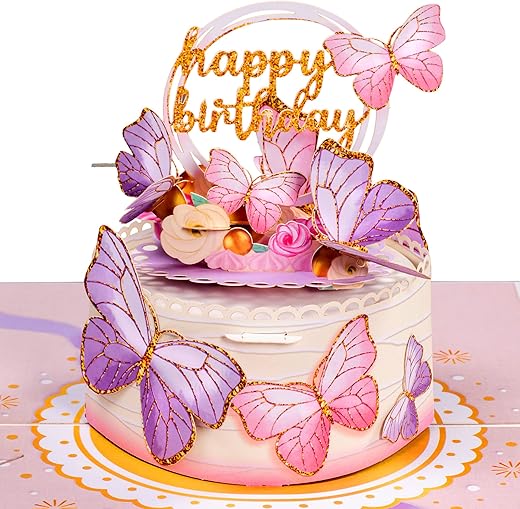 Paper Love Butterfly Birthday Cake, 3D Pop Up Birthday Card, For Adults or Kids -5″ x 7″ Cover – Includes Envelope and Note Tag