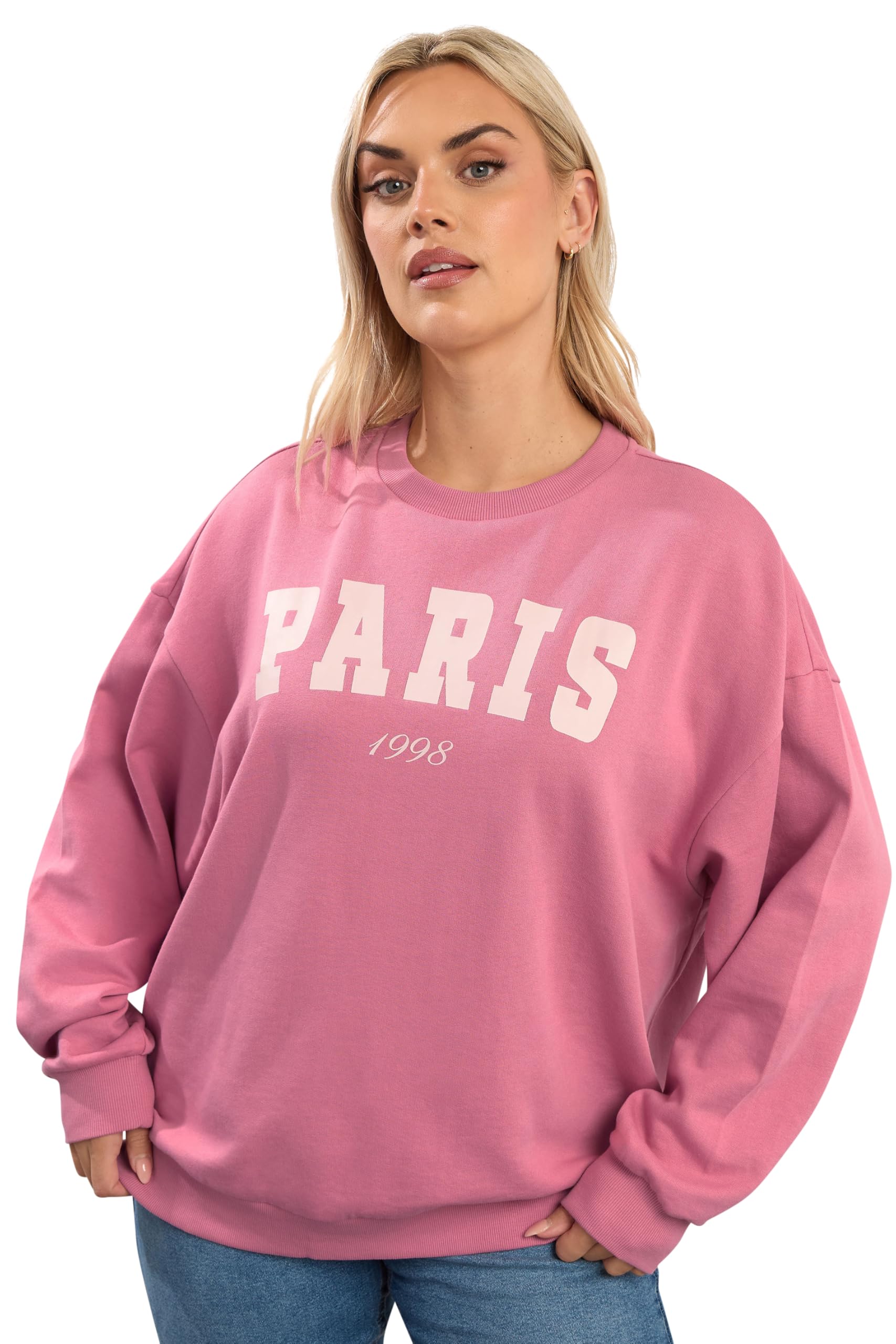 Yours Curve 'Paris' Slogan Sweatshirt - Women's - Plus Size Curve Pink
