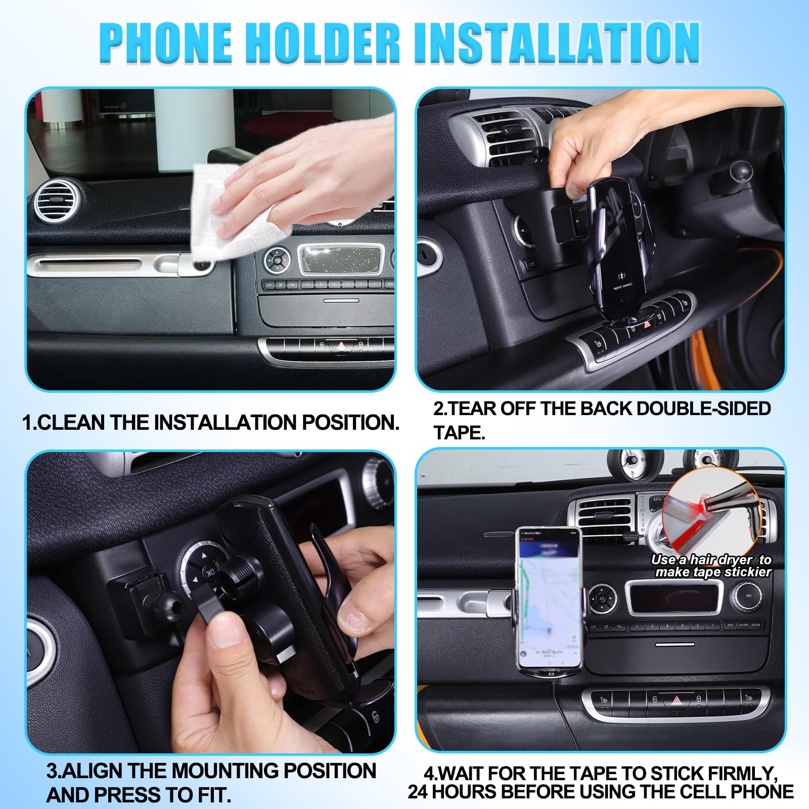 Soporte para teléfono móvil @B&enz Smart 451 Fortwo 2010-2015, soporte fijo giratorio lateral para teléfono móvil para iPhone Android y smartphones universales (conducción a la derecha) (D)