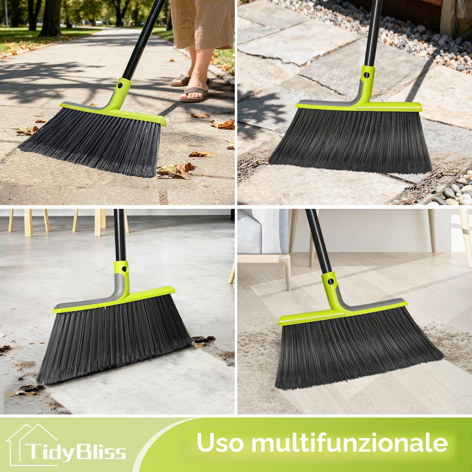 TidyBliss Scopa Esterno Impieghi Gravosi, Spazzola Angolare Commerciale Setole Morbide 143 cm per spazzare all'esterno Patio Giardino Terrazza Ristorante Garage Ingresso Pavimenti in Legno (Verde)