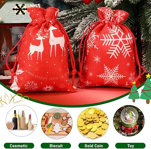 Miniatura 3 de 24 bolsas de Navidad, pequeñas bolsas de regalo de arpillera con cordón de 3.9 x 5.5 pulgadas, bolsas de dulces rojas y blancas, bolsas de