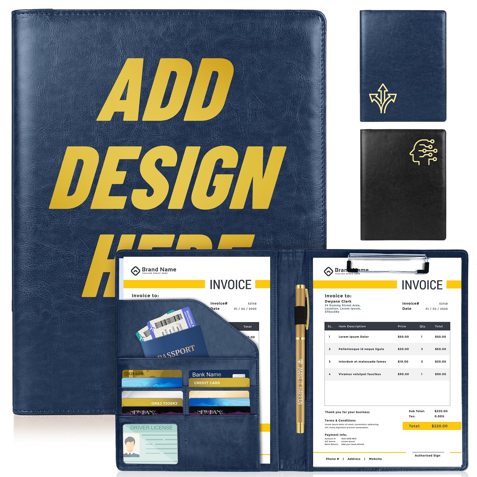 ENOMY Customized A4 Portfolio Folder PU Leather Personalised Certificate Folder with Name/Logo Executive Document Holder for Office Business Men Women Ideal Conference & Gift Blue