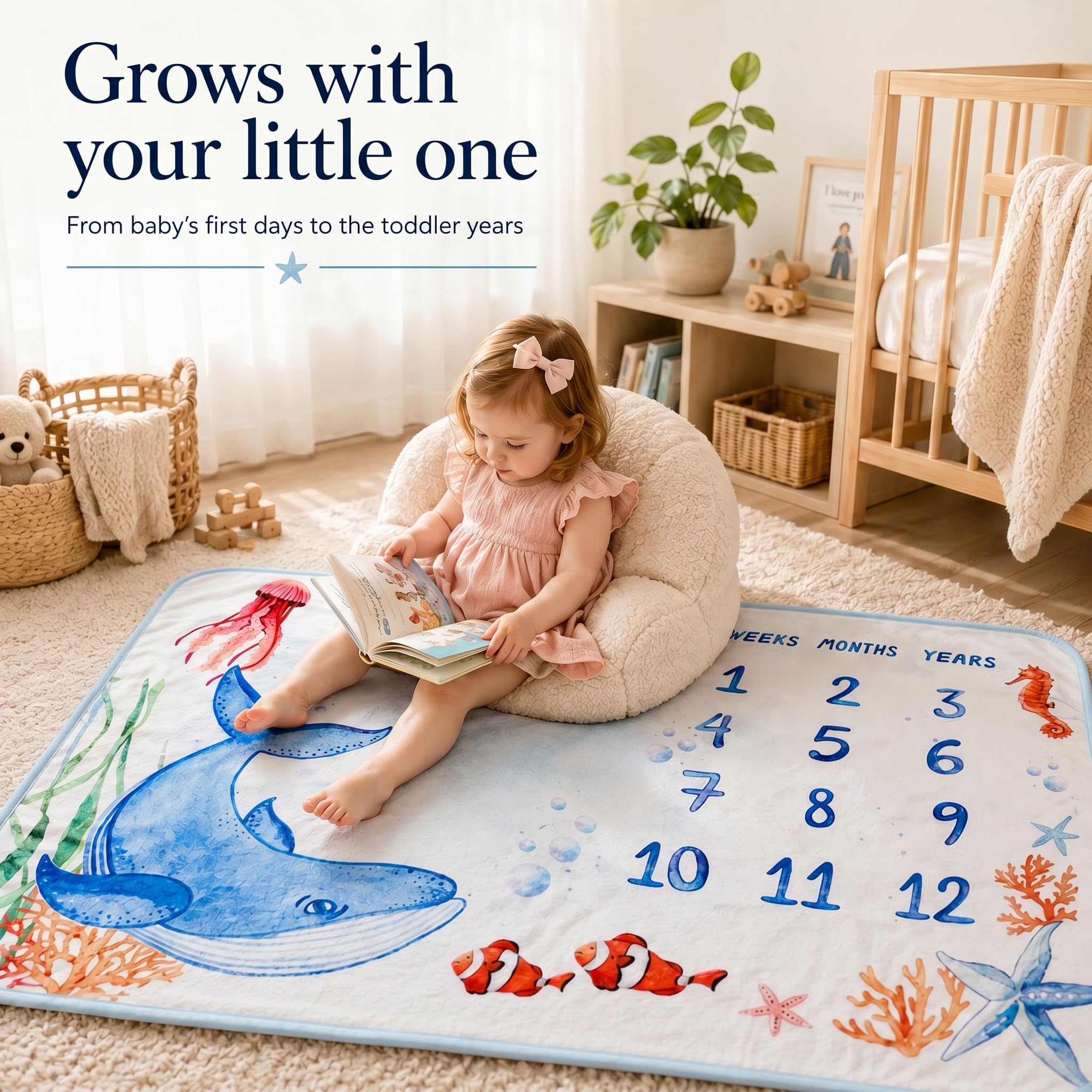 Manta de hito para bebé, diseño original, manta mensual de hitos para niños y niñas, manta de accesorios de fotografía para bebé, 60 x 40 pies, mundo oceánico