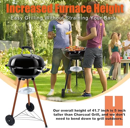 Miniatura 6 de Leonyo - Parrilla de carbón portátil de 18 pulgadas, ahumador redondo con ruedas y tapa esmaltada de porcelana para cocinar al aire libre,