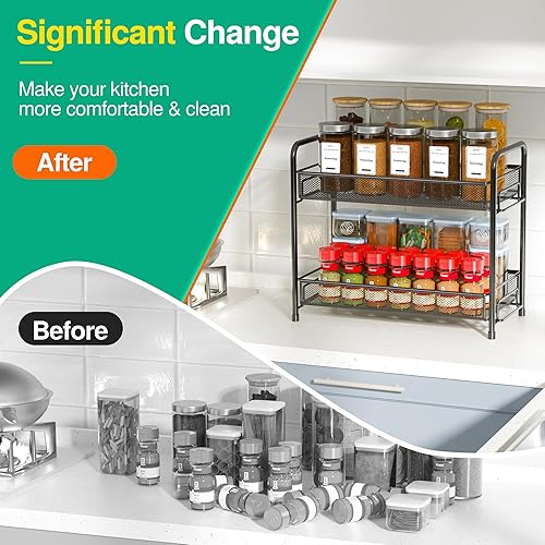 Miniatura 4 de Organizador de especias para encimera, paquete de 2, 2 niveles, plegable, de metal, grande, estante de almacenamiento de condimentos para gabinete