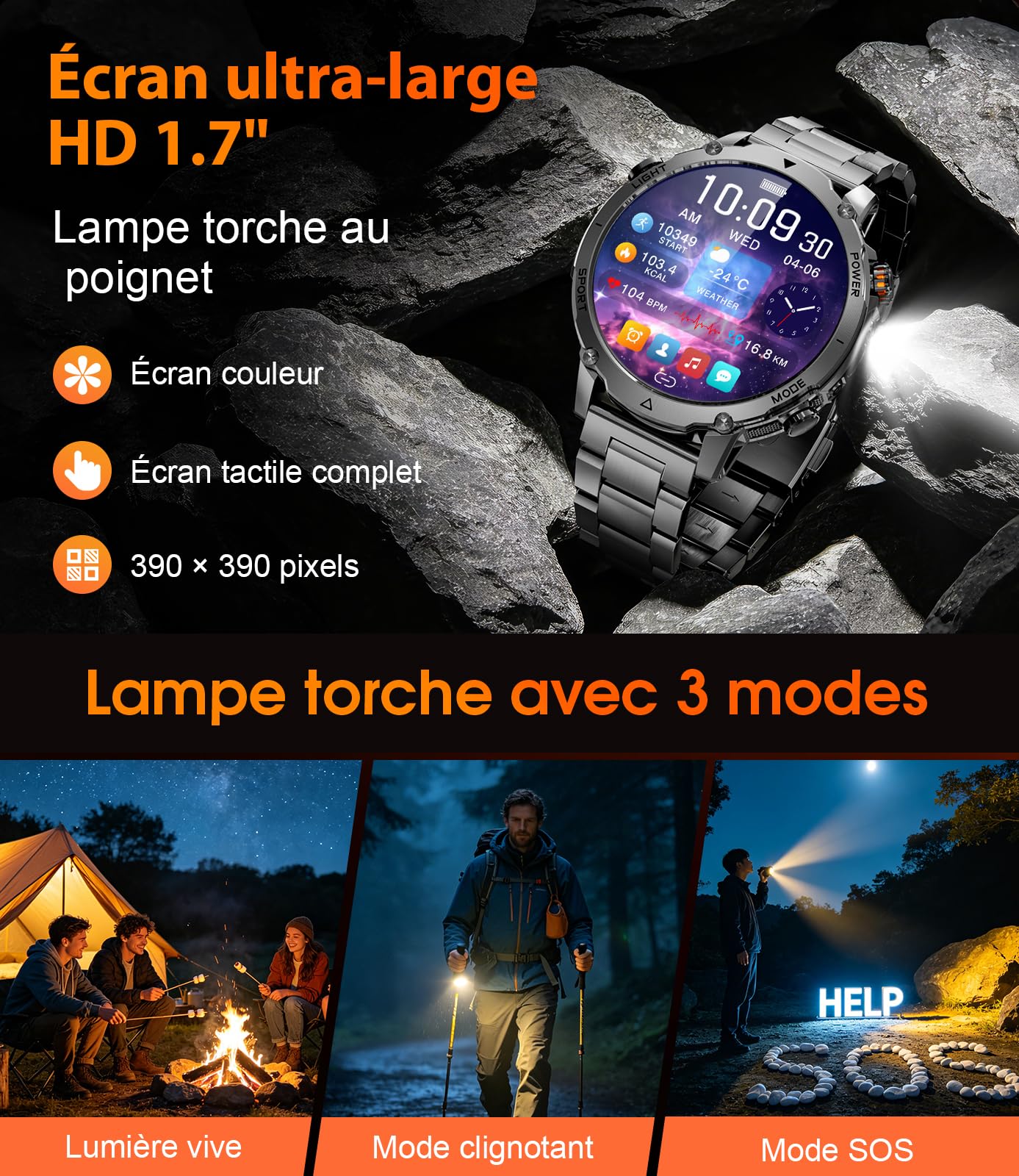 LIGE Montre Connectée Homme, Batterie 1400mAh, Écran HD 1,7 Pouce, Lampe LED, 110+ Modes Sport Montre Militaire Homme, Suivi Sommeil, IP68 Étanche, Smartwatch pour Android iOS, 2 Bracelets, Noir