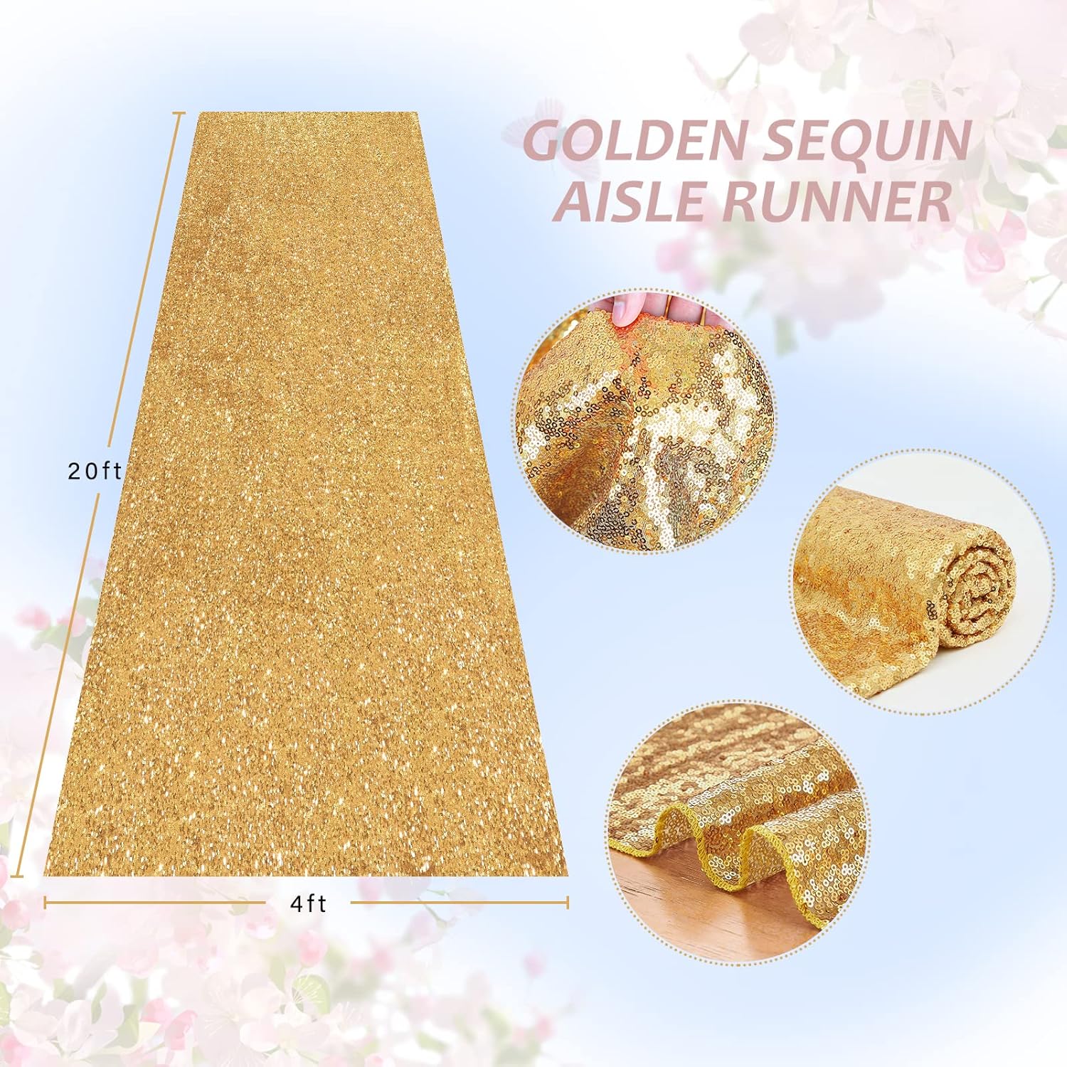 Aisle Runner for Wedding Ceremony: 4FT×20FT Sequin Fabric - Gold Sparkly Carpet Runner for Prom Party Outdoor Grass Floor Indoor Walkway Rug Runner Hallway Decorations