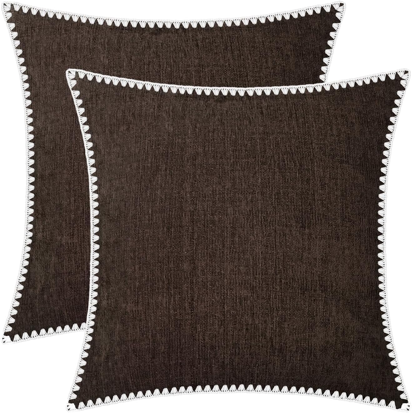 BRAWARM Throw Pillow Covers 18x18 Inches - Coffee Chenille Pillow Covers with Shell Edge, Pack of 2 Solid Dyed Soft Chenille Pillow Cases for Couch Sofa Bed Home Decoration