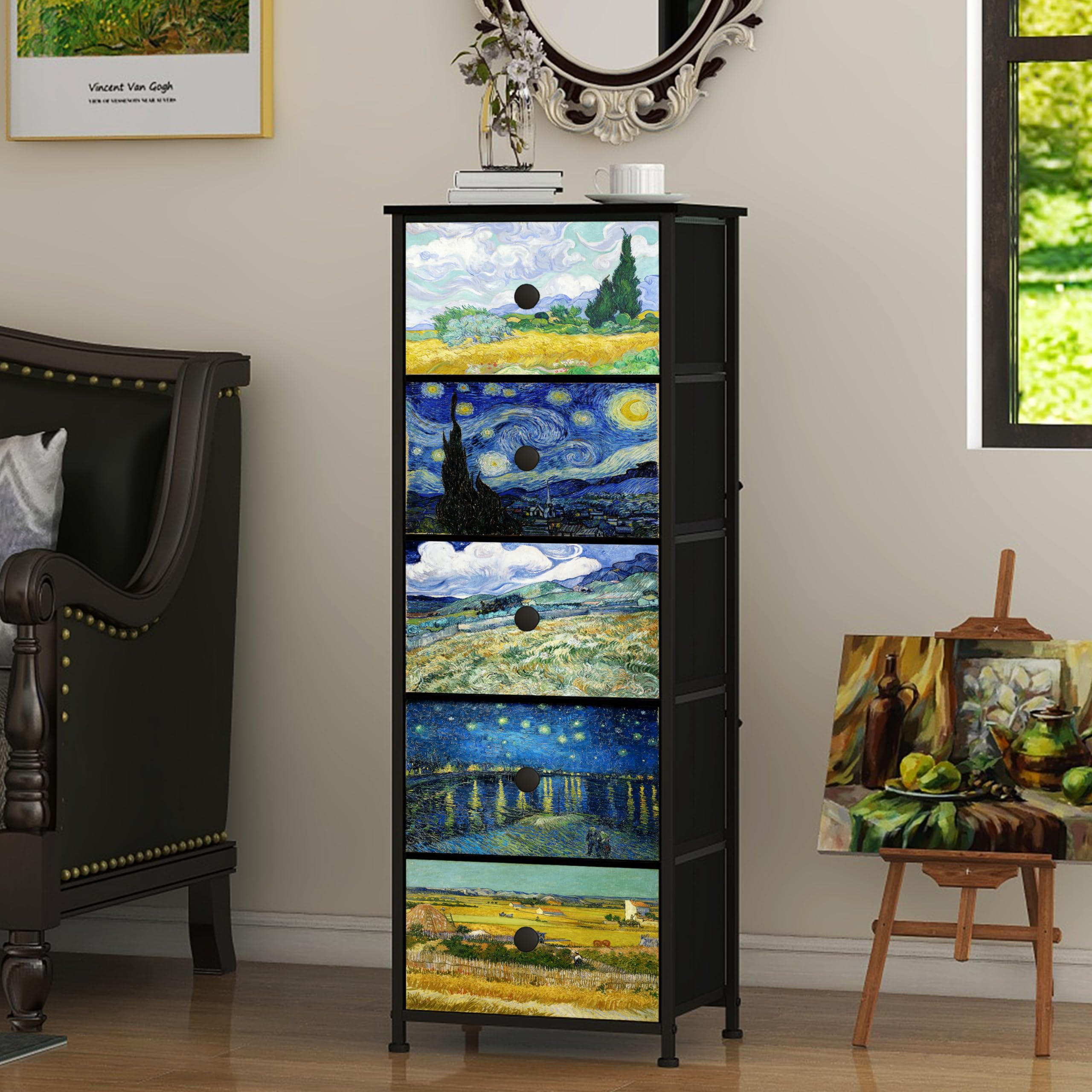 Cassettiera con cassetti in tessuto, stile Van-Gogh, sottile, per camera da letto, armadio, corridoio, soggiorno, cameretta (5 cassetti)