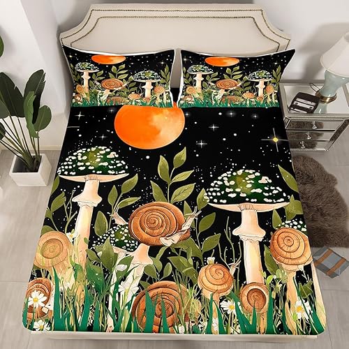 Erosebridal Trippy - Sábana bajera ajustable de hongos para niños y niñas, diseño de galaxia, luna, estrellas, fantasía con plantas y hojas, juego