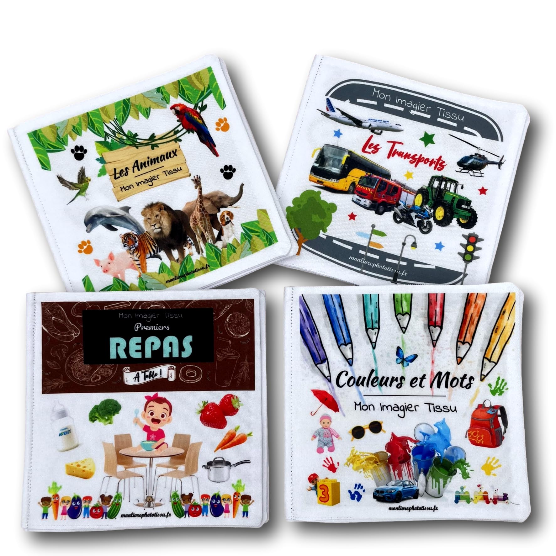 Lot 4 Mini-Livres d'éveil éducatifs en tissu imagiers photo animaux, repas, transports, couleurs