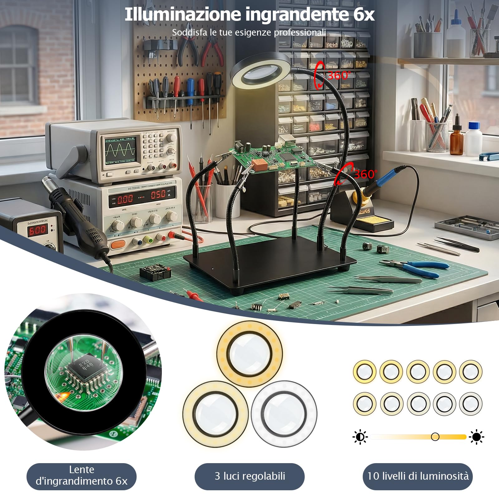 Terza Mano per Saldatura 6X Lente d‘Ingrandimento LED 4 Bracci Flessibili Portal circuiti Stazione Saldante per Elettronica Gioielleria Hobby