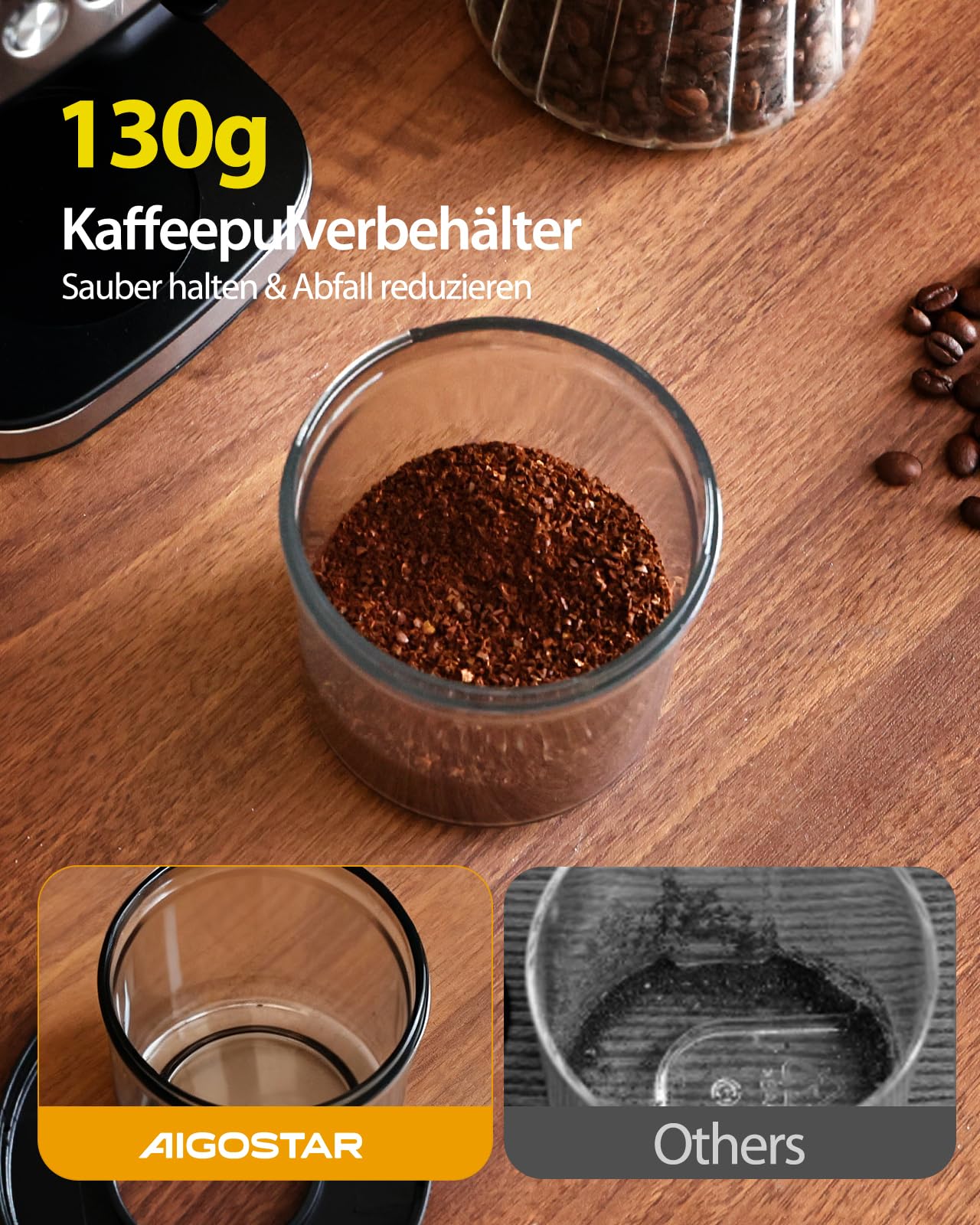 Aigostar Elektrisch Kaffeemühle mit 52 Mahleinstellungen, Kegelmahlwerk Geeignet für Espresso, Professionelle Elektrische Kaffeemühle mit Präzisem Digital Display, Edelstahl Coffee Grinder, Silber