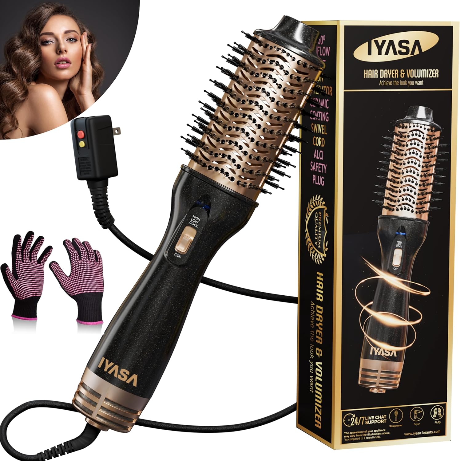 Professional Salon Blowout Dryer Brush, Small 1.5 Inch Barrel Ionic Blow Dryer Styling, Oval One-Step Hair Volumizer, Anti-Frizz Straightening for All Hair Types, Black Shinny Black