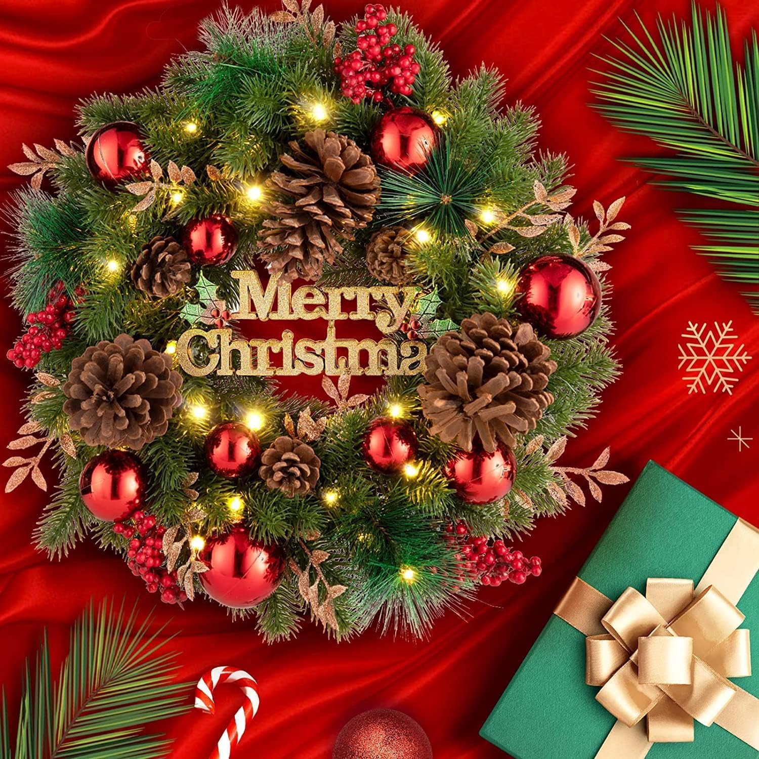 Avoalre 40CM Corona Navidad con Luces 40 Leds, Adorno de Guirnalda de Navidad 8 Modos y Función de Temporización Decoración Navidad para Puerta, Árbol, Pared, Ventana