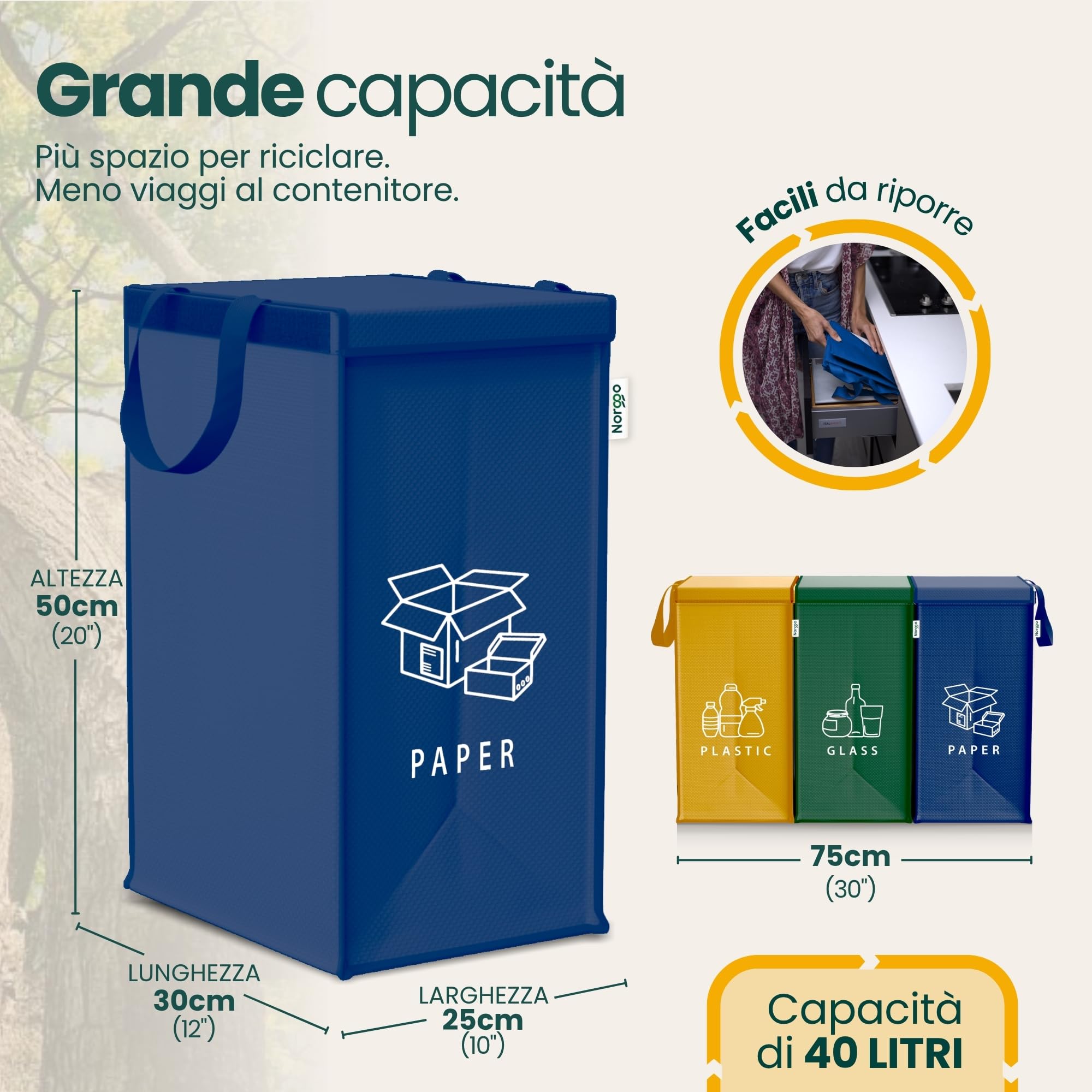 Borse per raccolta differenziata 40L – Set 3 buste raccolta differenziata per plastica, carta e vetro – Sacchi differenziata colorati con maniglia – Sacchetti e borse differenziata per casa