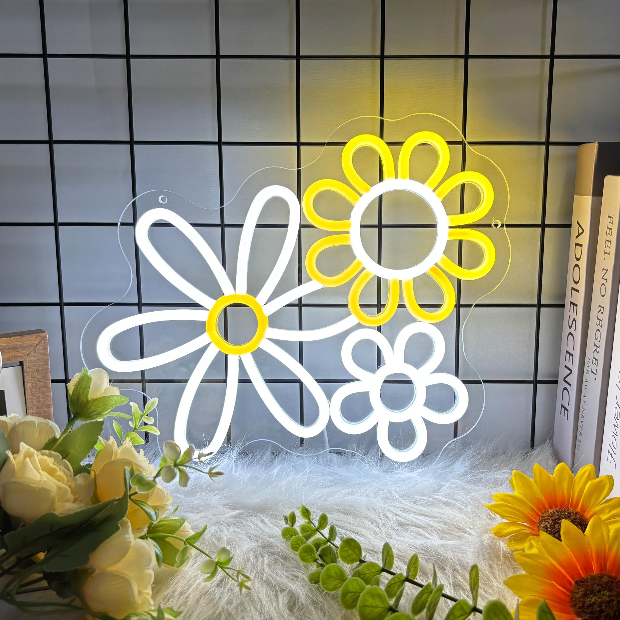 Daisy Flower Neon Sign for Wall Decor, Cute Flower Led Signs for Home Decor, Dimmable Neon Light Sign for Bedroom, Game Room, Living Room, Bar Decoration, USB Powered Light Up Signs for Home Decor