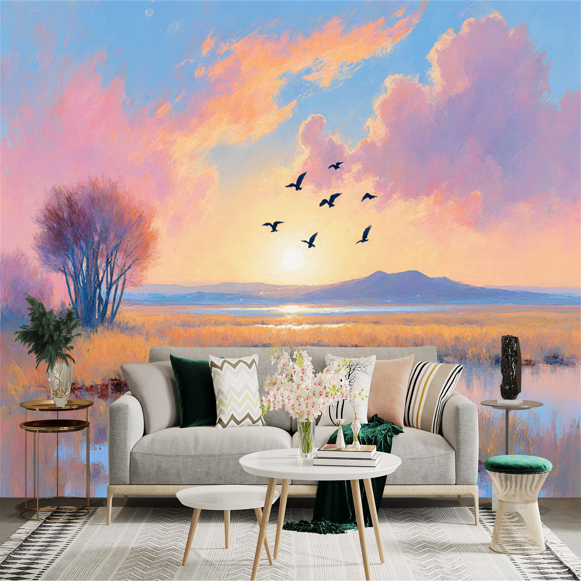 Custom Size Wall Sticker Mural， Sunset Landscape with Birds， Lake， Trees and Colorful Sky， for wall Decoration， peelandstick wall Decals.