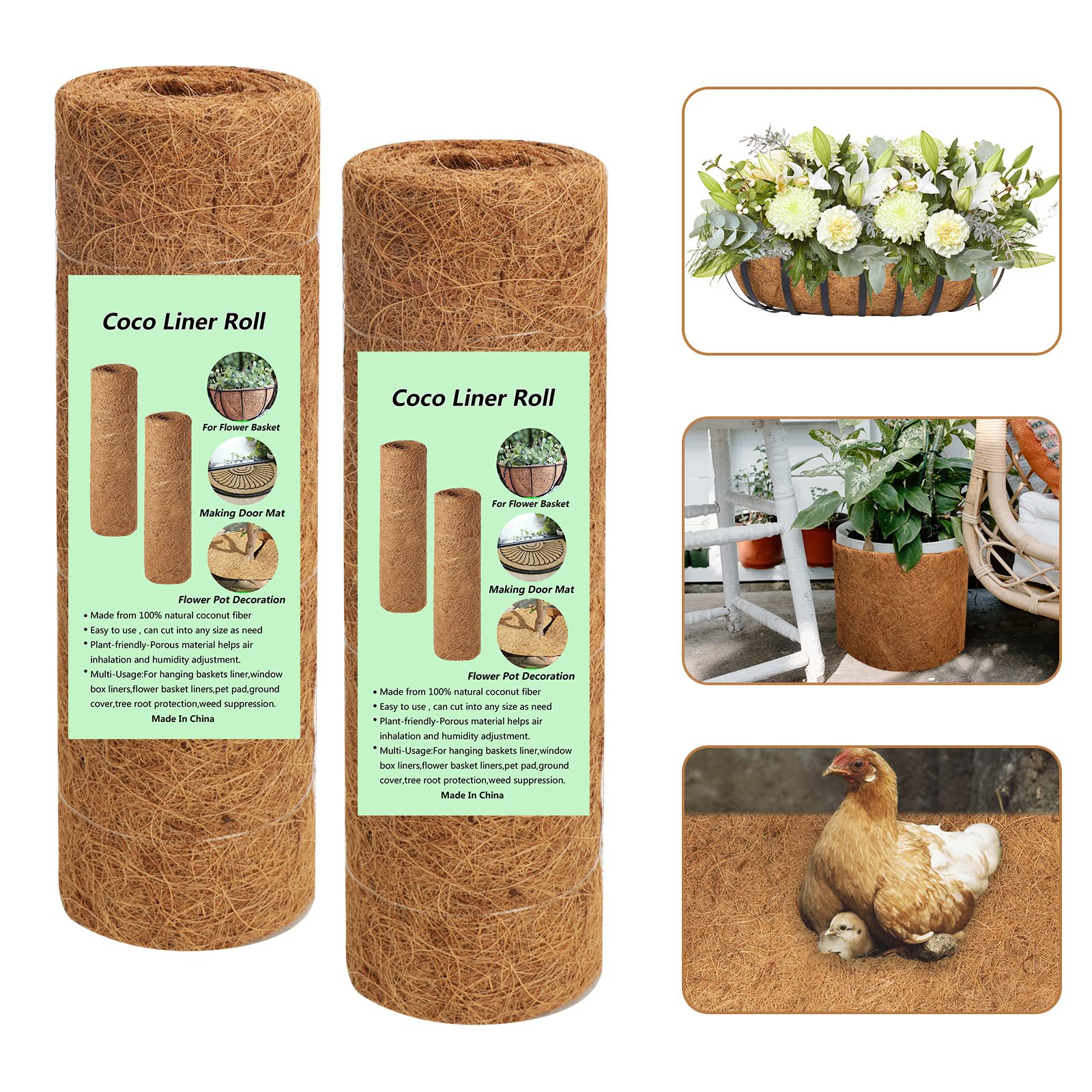 2 Pack Coconut Planter Liner Roll, 12in x 50in Coco Coir Fiber Pad Sheet,Garden Basket Replacement Liner for Window Box Deck, Hanging Basket, Flower Pots,Home Ecological Plant Decor