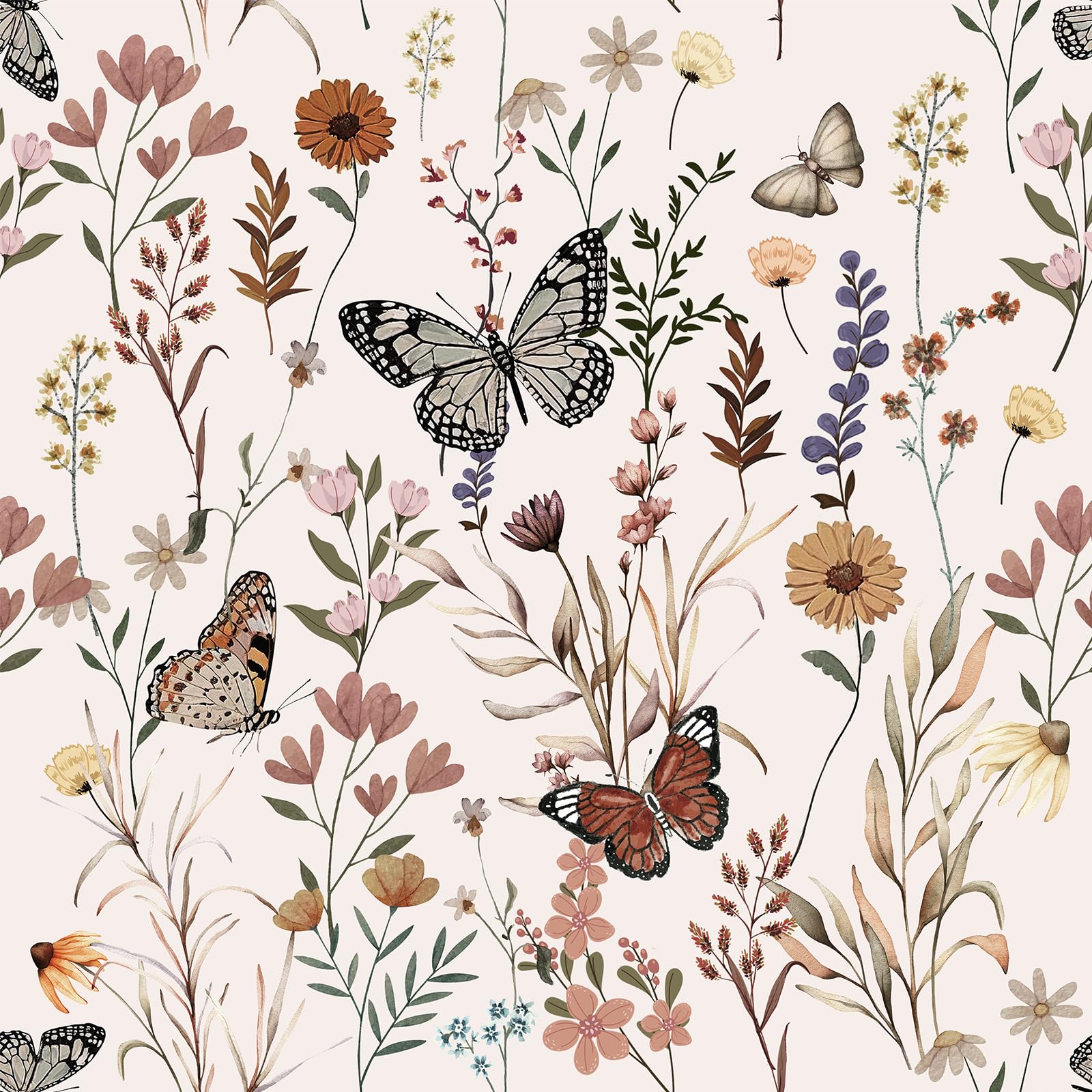 HPNIUB Blumentapete Selbstklebend,Vintage Blumen Schmetterlinge Tapete (44x300cm)Blüten und Retro-Schmetterlinge Wandfolie für Wohnzimmer, Schlafzimmer, Küche, Abziebbare Möbelfolie mit Pflanzenmotiv,